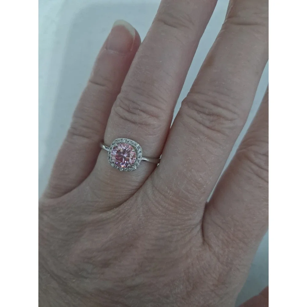 Pink Moissanite Halo Ring 1.0ct Round Cut Silver Tone Adjustable Band Engagement